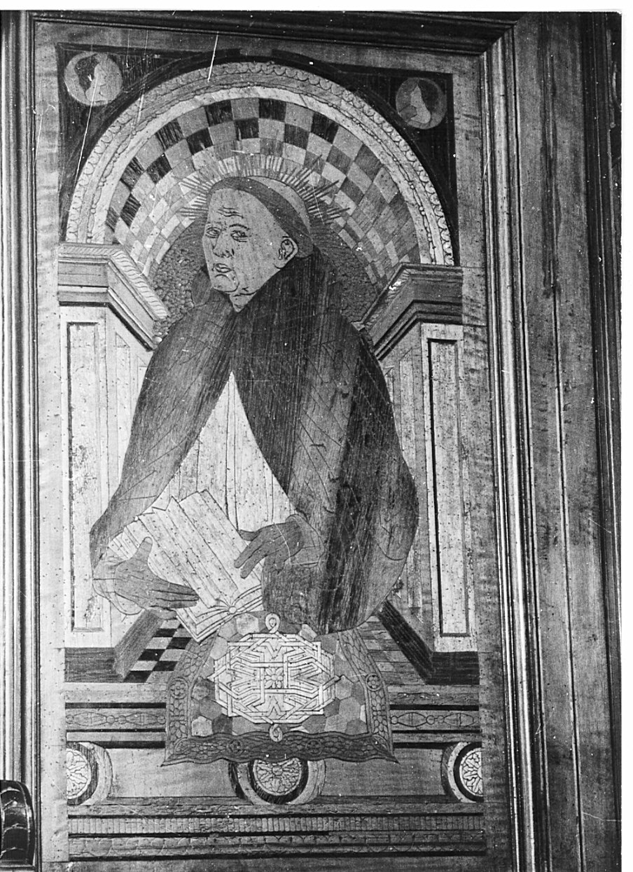 Santo domenicano (pannello di stallo di coro, elemento d'insieme) di Butinone Bernardino (attribuito), Zenale Bernardino (attribuito) - bottega lombarda (secc. XV/ XVI)