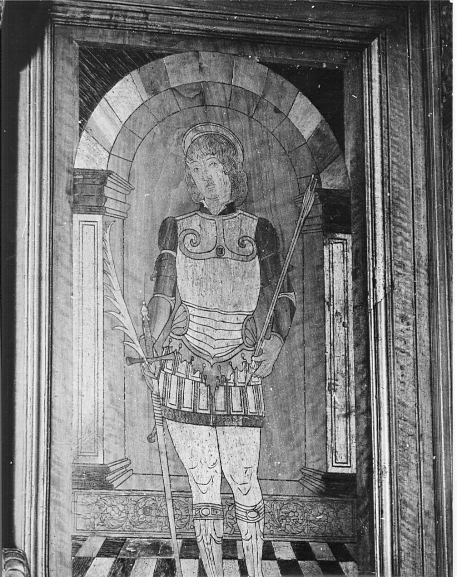 San Sebastiano (pannello di stallo di coro, elemento d'insieme) di Butinone Bernardino (attribuito), Zenale Bernardino (attribuito) - bottega lombarda (secc. XV/ XVI)