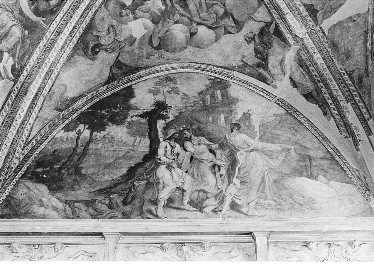 incontro di Cristo e i discepoli sulla via di Emmaus (dipinto, elemento d'insieme) di De Mio Giovanni (metà sec. XVI)