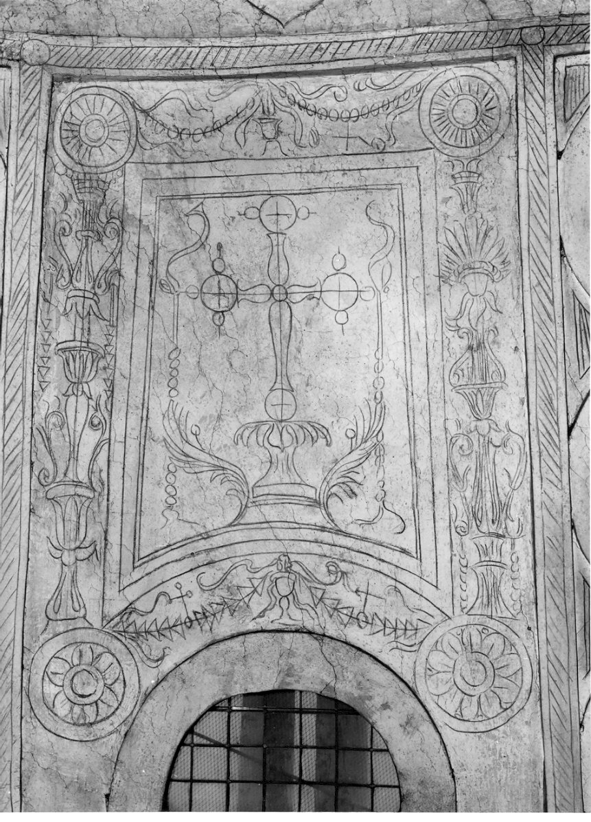 candelabra con croce gemmata (decorazione pittorica, elemento d'insieme) di Bramante Donato (scuola) (sec. XV)