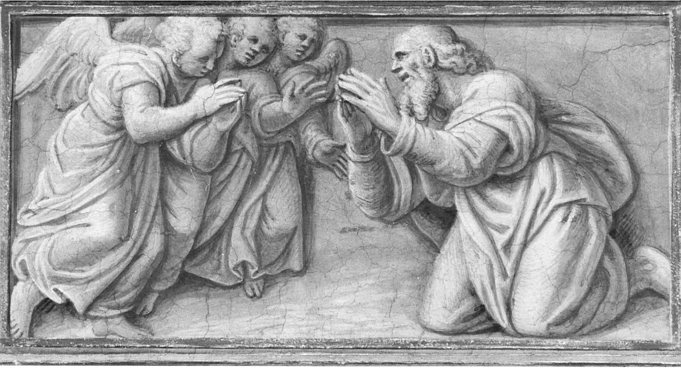 Abramo e i tre angeli (dipinto, elemento d'insieme) di Campi Vincenzo (attribuito) (sec. XVI)