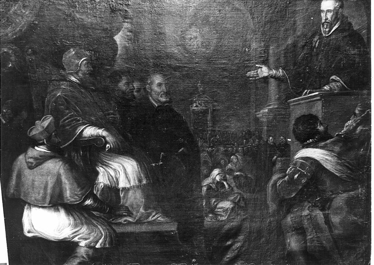 Alessandro Sauli predica in San Lorenzo/ Papa/ San Filippo Neri (dipinto, opera isolata) di Santagostino Agostino (attribuito) (sec. XVII)