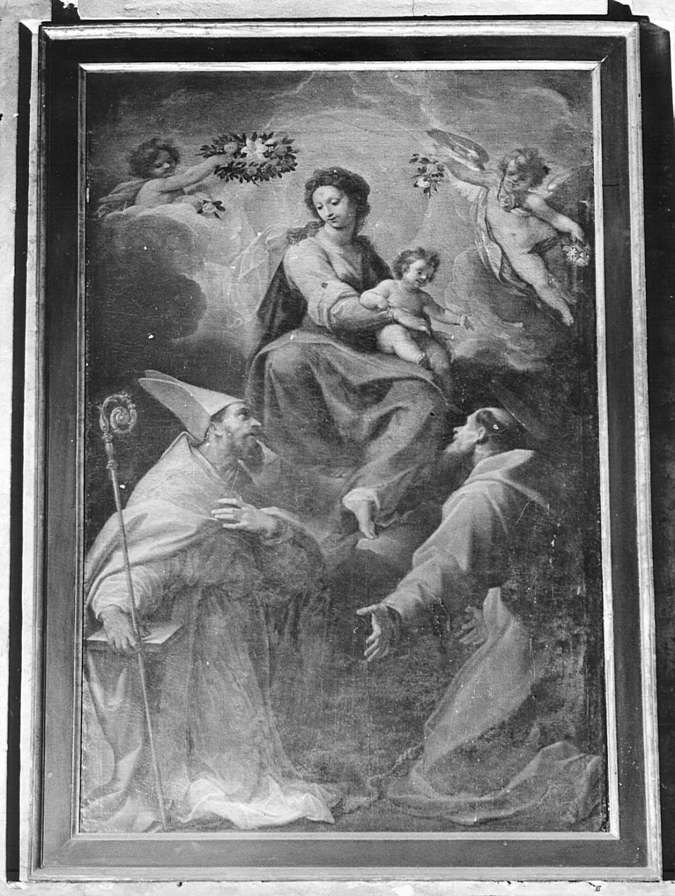 Madonna con il Bambino, santo vescovo e San Francesco (dipinto, opera isolata) di Ferri Ciro (attribuito) (sec. XVII)