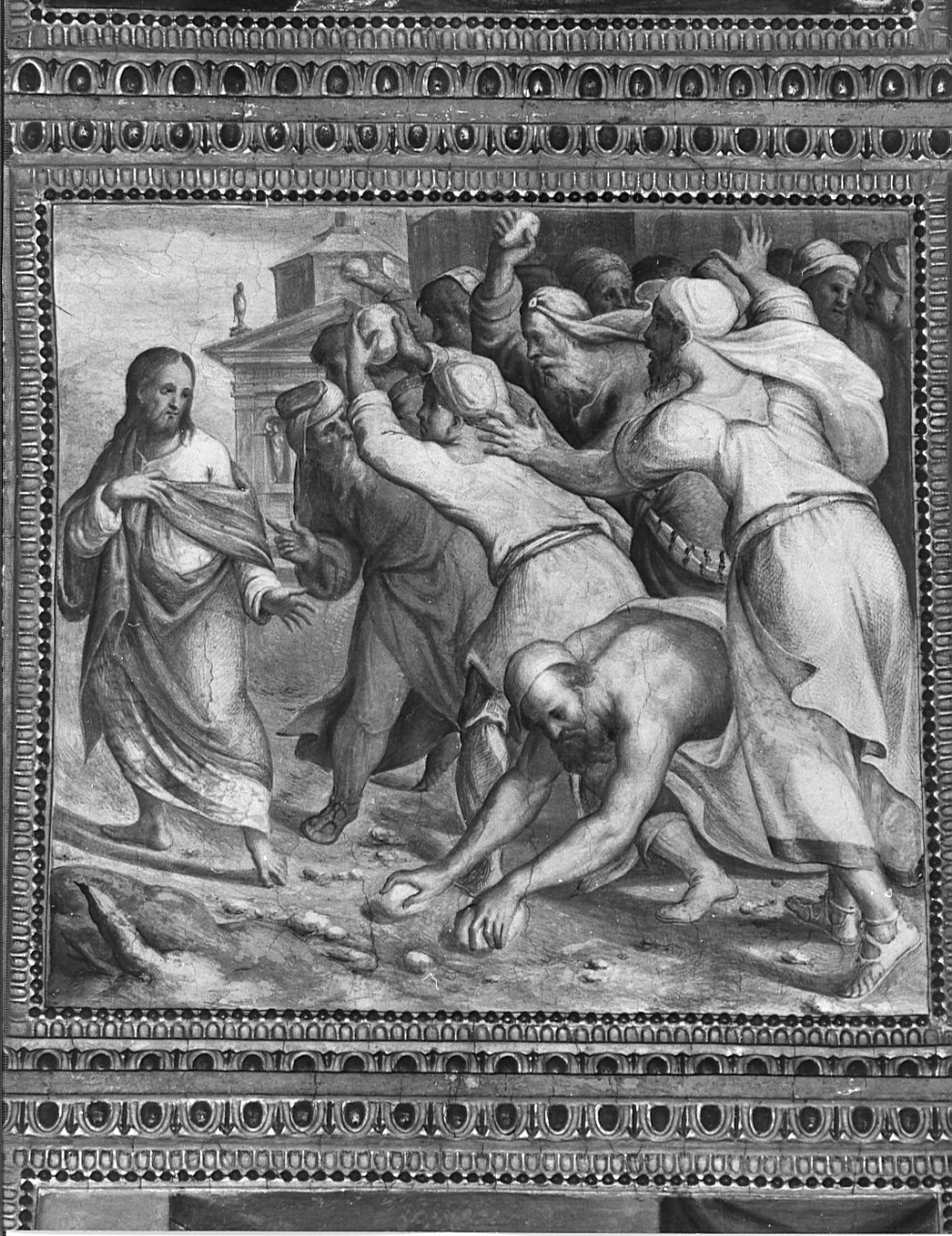 tentativo dei Farisei di lapidare Cristo (dipinto, elemento d'insieme) di Campi Giulio, Campi Antonio (attribuito) (sec. XVI)