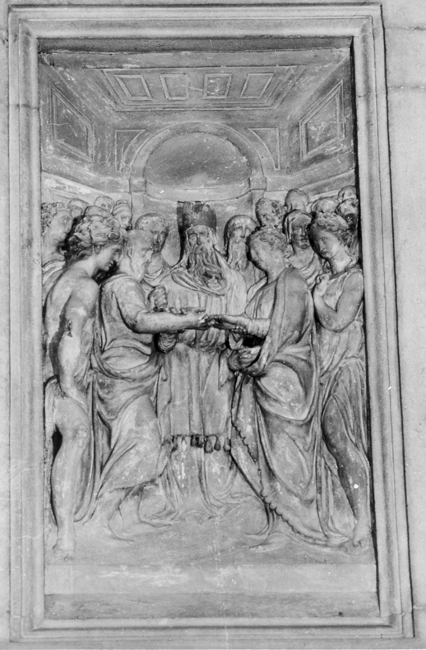 Sposalizio di Maria Vergine (rilievo, opera isolata) di De Buzi Giovanni Antonio (attribuito) (sec. XVI)