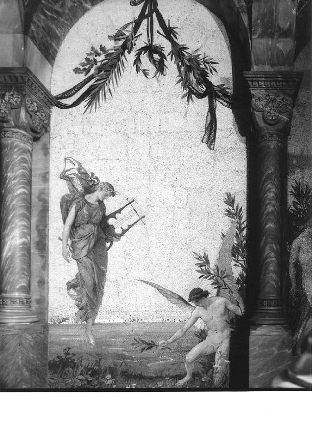 Il Genio della Musica e la Musica (?), figure allegoriche (decorazione musiva, elemento d'insieme) di Pogliaghi Lodovico, Compagnia Venezia Murano (ex Salviati) (sec. XX)