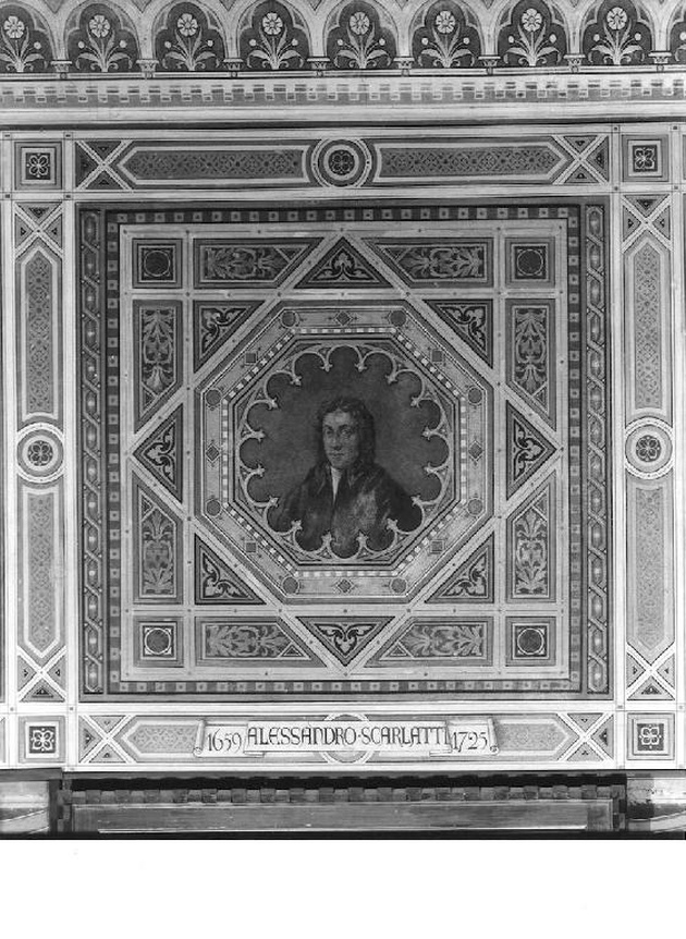 motivi decorativi geometrici e vegetali stilizzati con busto di AlesSandro Scarlatti, motivi decorativi geometrici e vegetali stilizzati con busto di musicista (decorazione pittorica, elemento d'insieme) di Comolli Angelo (attribuito) (sec. XIX)