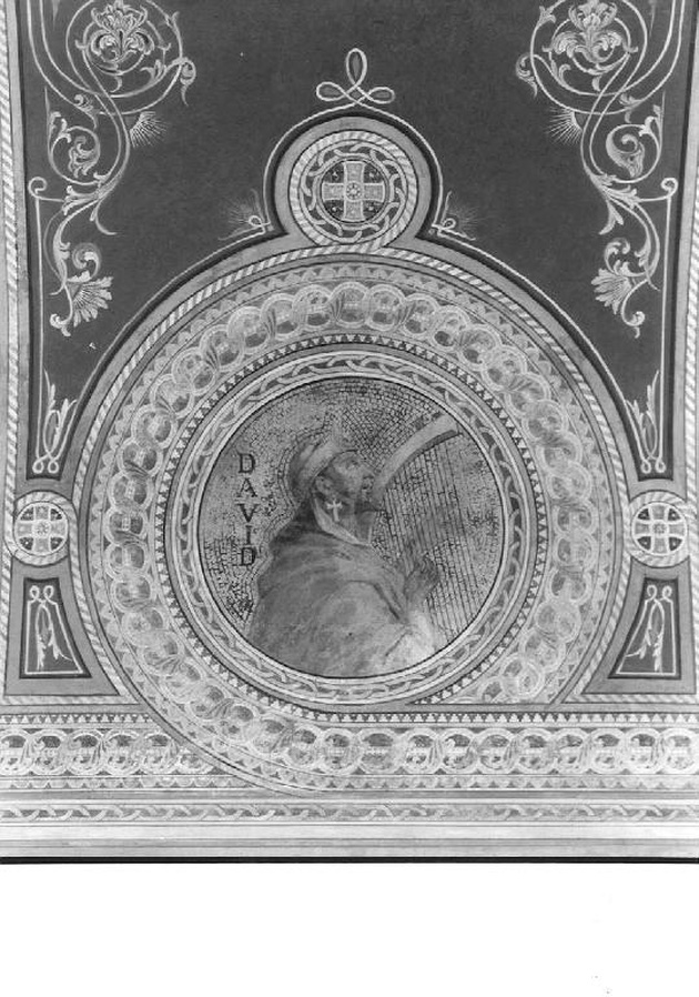 motivi decorativi geometrici e vegetali stilizzati e busto di Davide, motivi decorativi geometrici e vegetali stilizzati e busto di Davide (decorazione pittorica, elemento d'insieme) di Comolli Angelo (attribuito) (sec. XX)