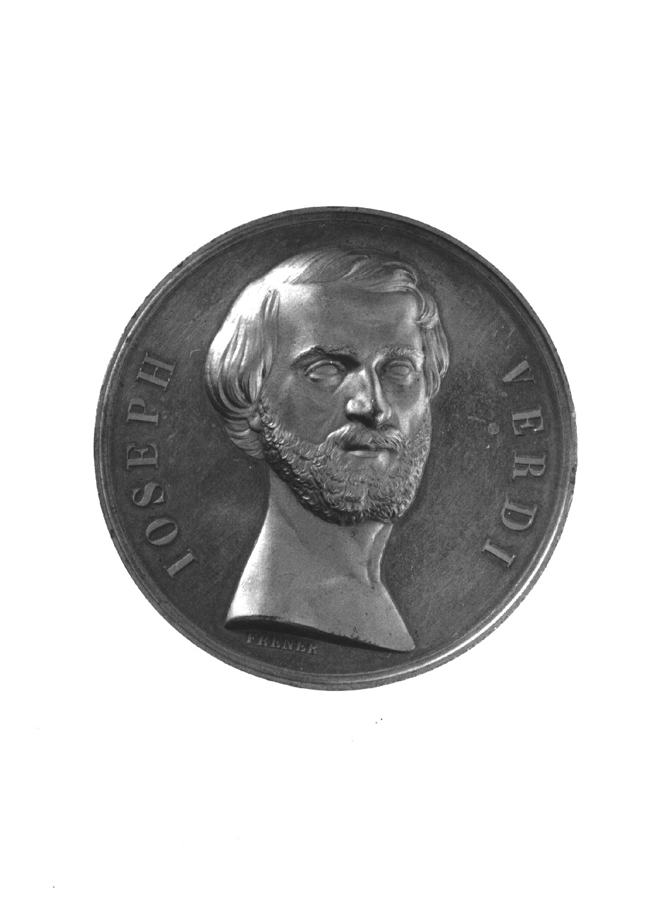 ritratto di Giuseppe Verdi, ritratto di Giuseppe Verdi (medaglia, opera isolata) di Frener Johann Baptist (sec. XIX)