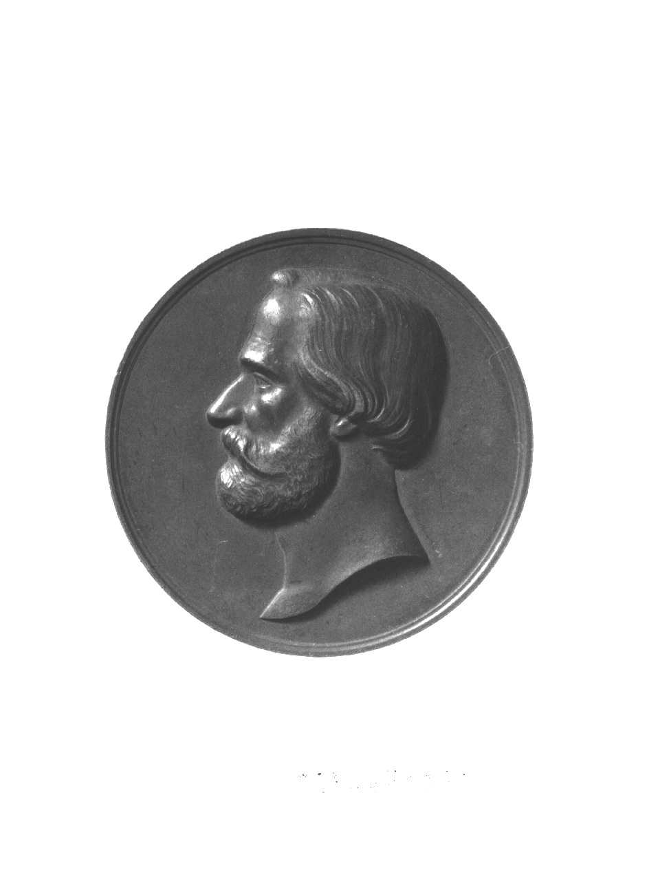 ritratto di G. Verdi, ritratto di Giuseppe Verdi (medaglia, opera isolata) di Bentelli Donnino (attribuito) (sec. XIX)