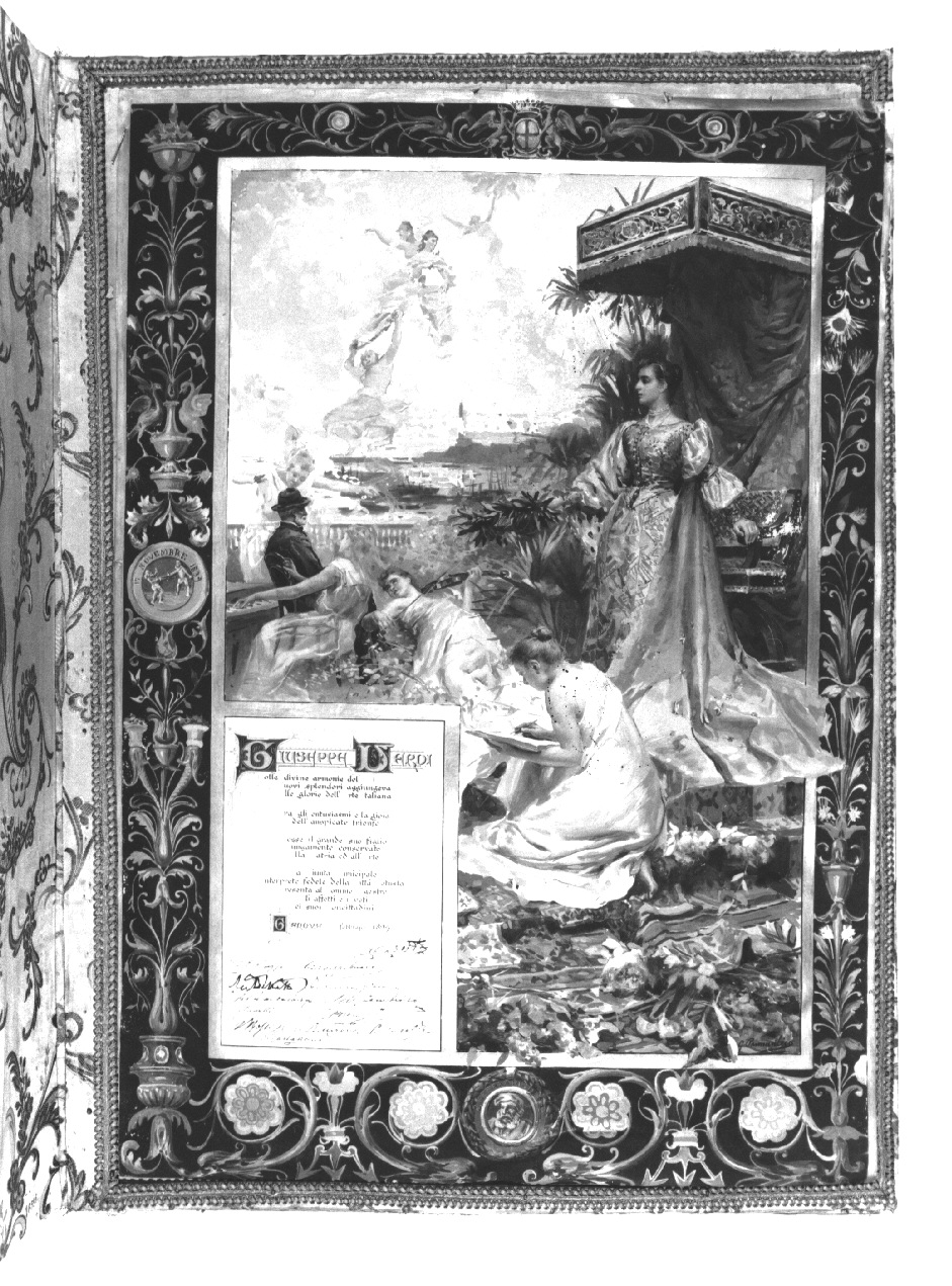 ritratto di Giuseppe Verdi con allegoria della Musica e veduta del porto di Genova, ritratto di compositore con allegoria della Musica (miniatura, opera isolata) di Pennasilico Giuseppe - ambito genovese (sec. XIX)