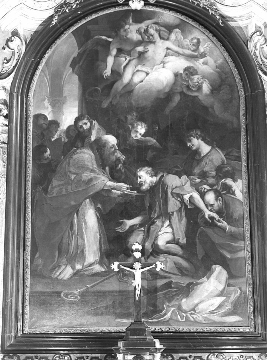 Sant'Ambrogio morente riceve l'ultima Comunione (pala d'altare, opera isolata) di Lanzani Andrea (sec. XVII)