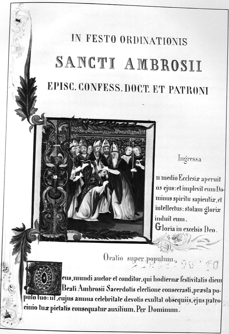 Sant'Ambrogio proclamato vescovo (miniatura, elemento d'insieme) di Albini Fioretto Antonietta (attribuito) (sec. XIX)
