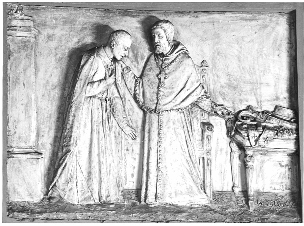 San Carlo Borromeo riceve la nomina a Cardinal Nipote da papa Pio IV Medici (rilievo, opera isolata) di Sozzi Giacomo (sec. XIX)
