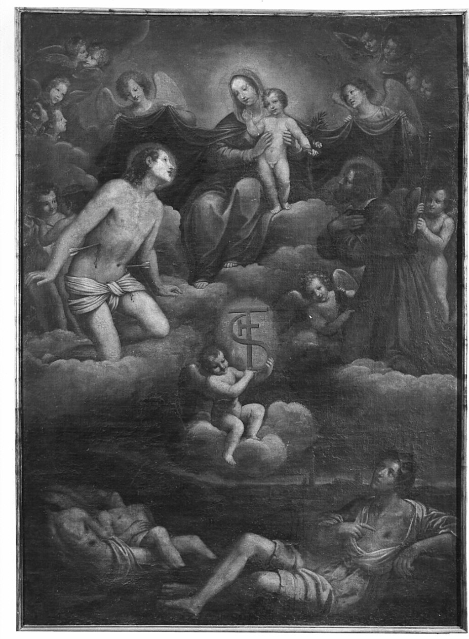 Madonna col Bambino e angeli, coi santi Sebastiano e Rocco (dipinto, opera isolata) di Procaccini Camillo (scuola) (prima metà sec. XVII)