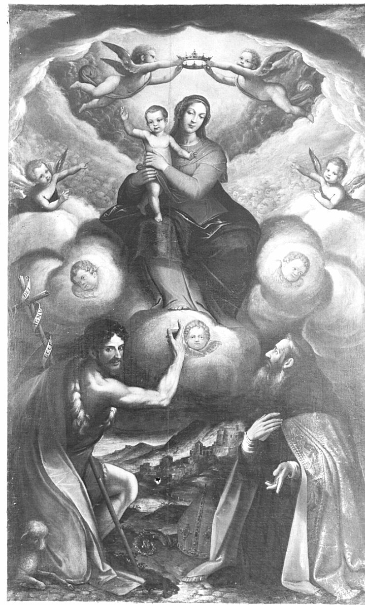 Madonna Incoronata con S. Giovanni Battista e S. Agostino vescovo (dipinto, opera isolata) di Secco Giovanni Battista detto Caravaggino (prima metà sec. XVII)