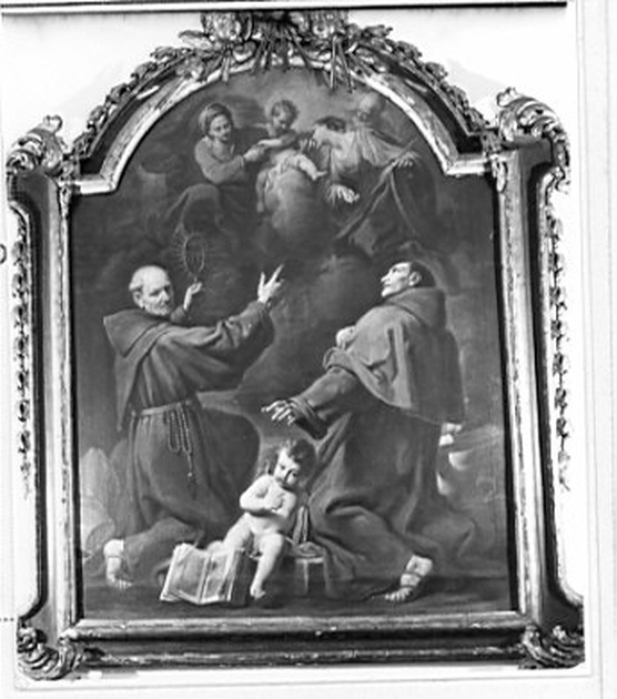 San Bernardino e San Bonaventura in adorazione della Sacra Famiglia (dipinto, opera isolata) di Lucini Antonio (sec. XVIII)