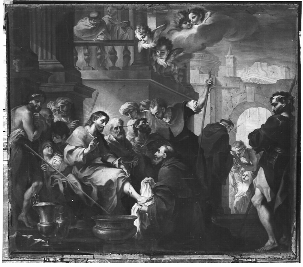 Sant'Agostino lava i piedi di Cristo nelle vesti di pellegrino (dipinto, opera isolata) di Legnani Stefano Maria detto Legnanino (inizio sec. XVIII)