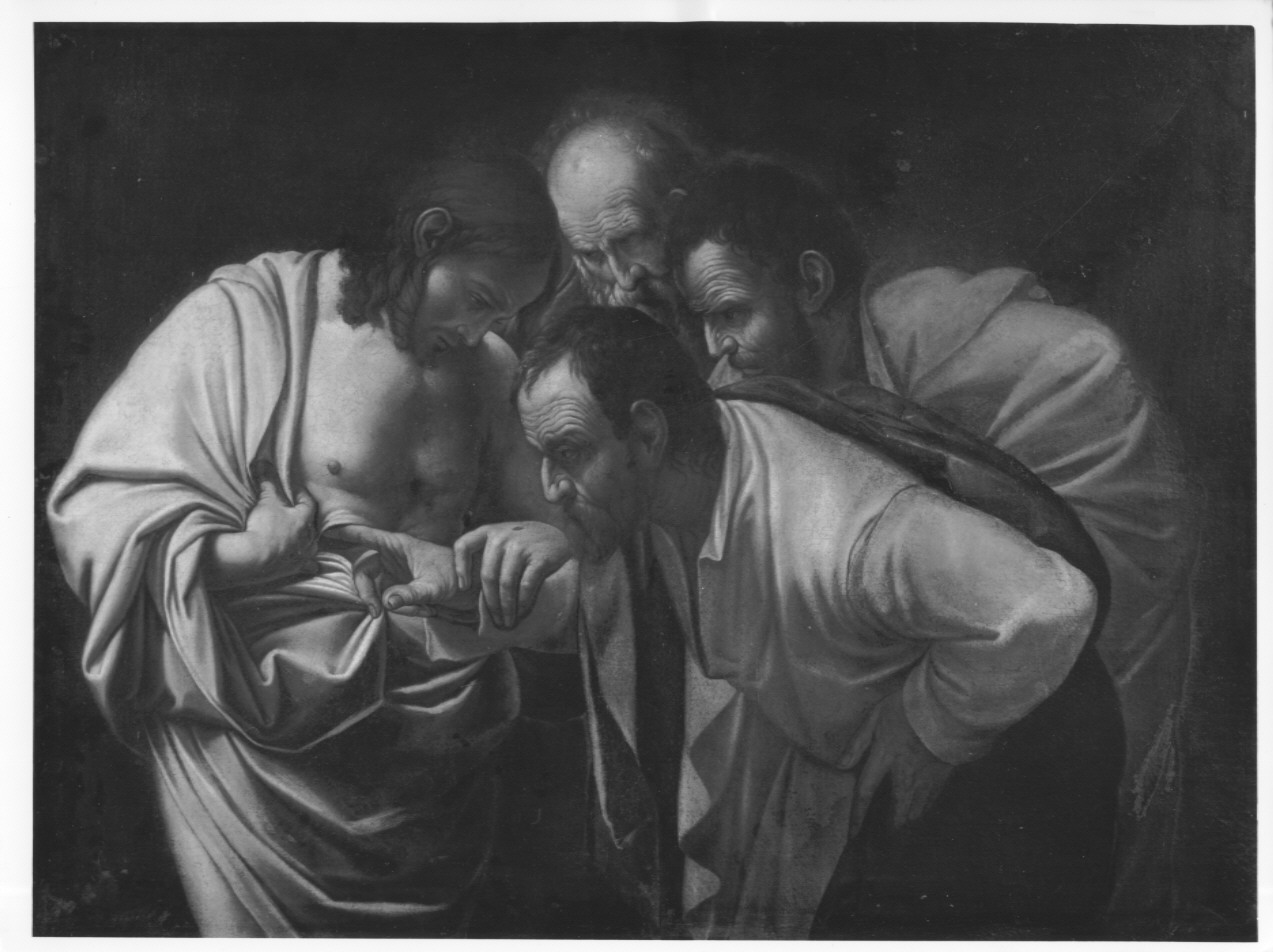 Incredulità di San Tommaso, incredulità di San tommaso (dipinto) di Merisi Michelangelo detto Caravaggio (maniera) (seconda metà sec. XVII)
