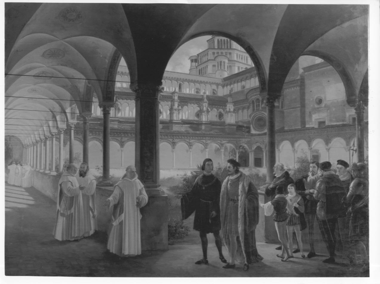Veduta del cortile della Certosa di Pavia con Ludovico il Moro e Carlo VIII, Veduta del cortile della Certosa di Pavia con Ludovico il Moro e Carlo VIII (dipinto) di Moja Federico (metà sec. XIX)