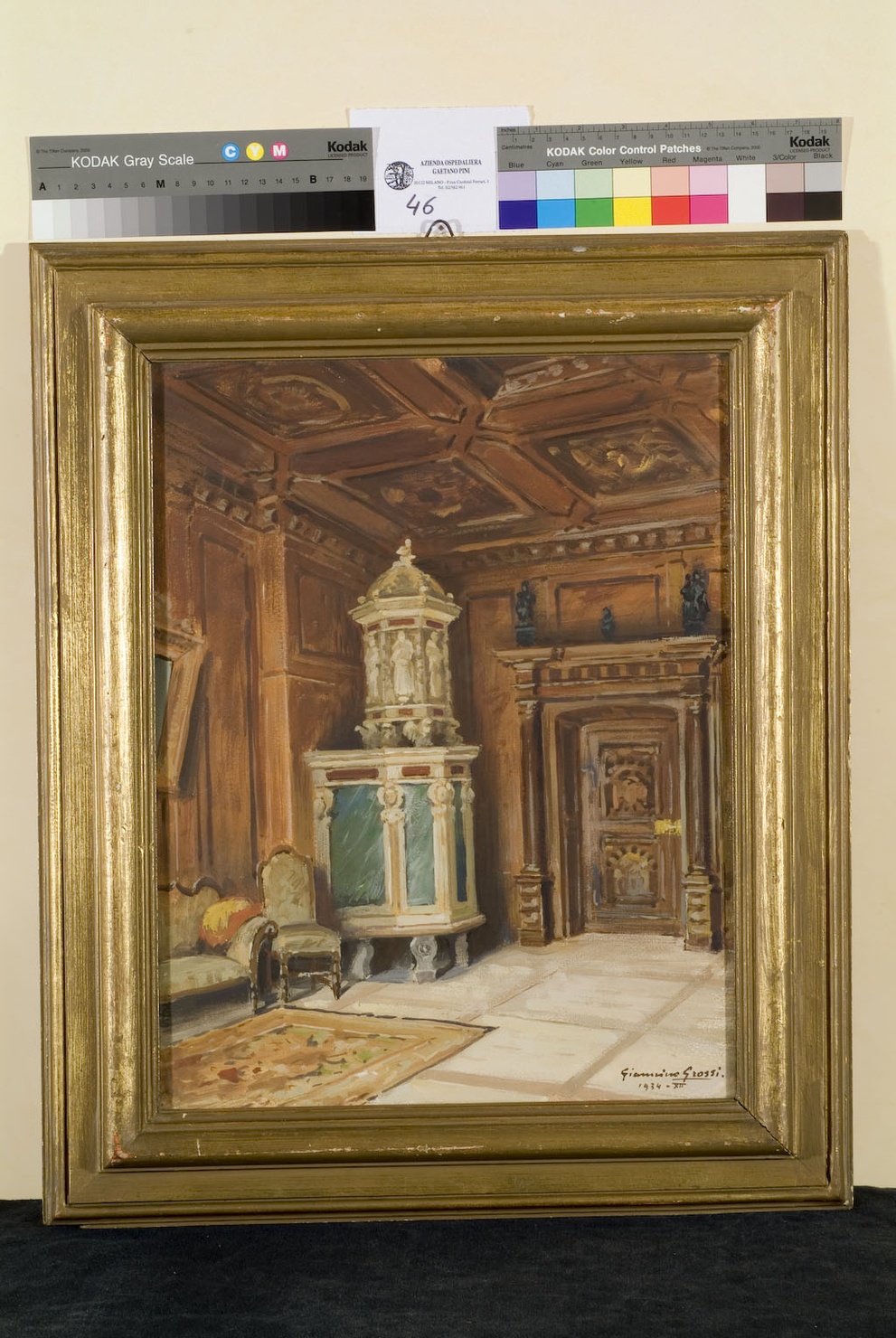 interno con stufa (dipinto, opera isolata) di Grossi Giannino (sec. XX)