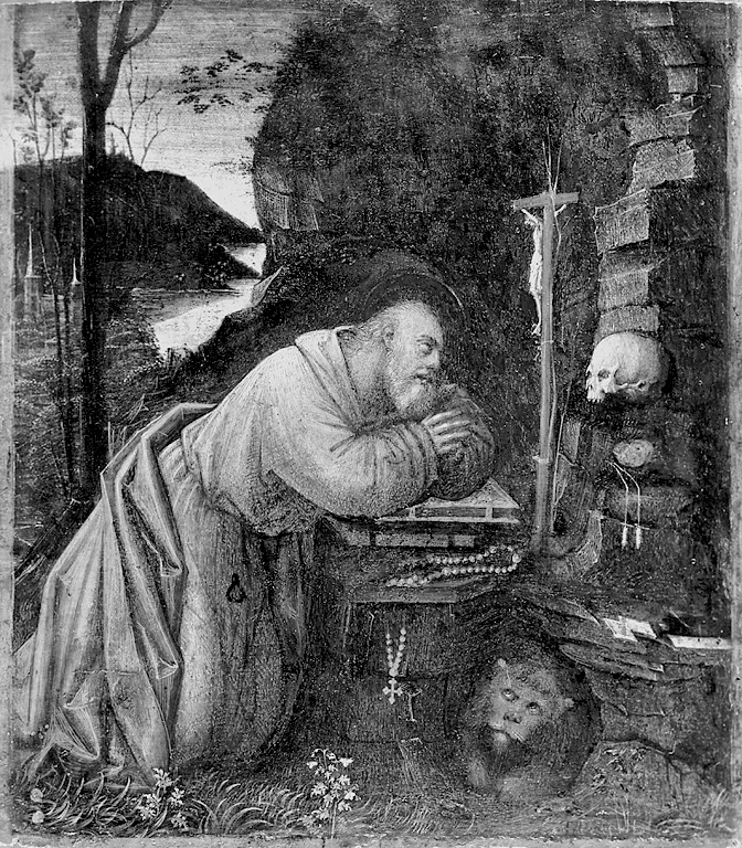 San Gerolamo, San Girolamo in preghiera nella grotta (dipinto, opera isolata) di Ferrari Defendente (sec. XVI)