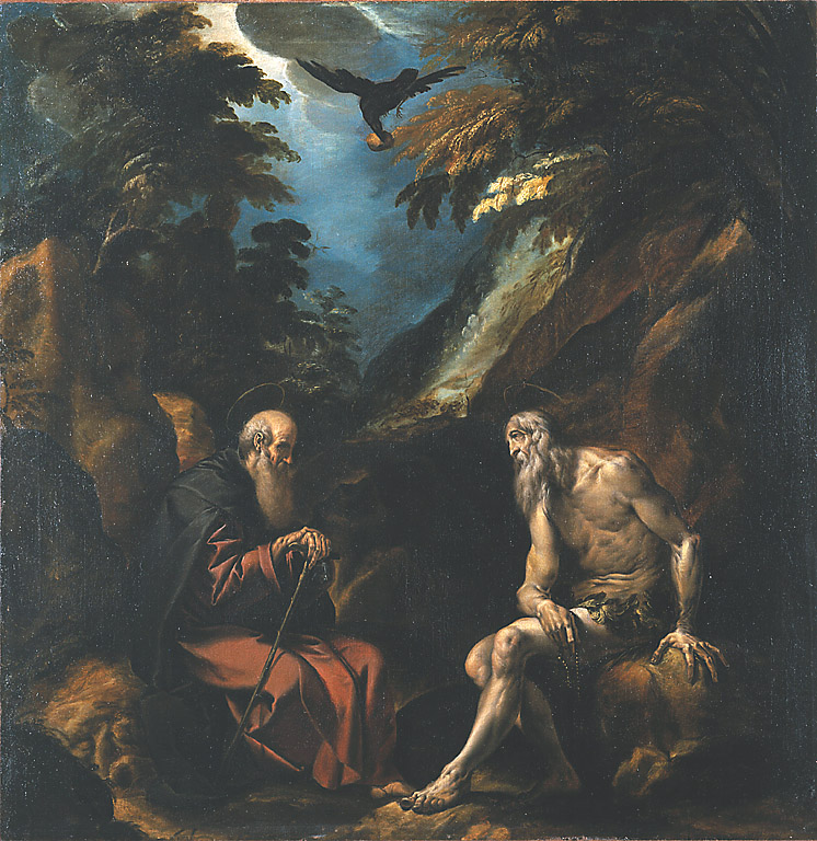I Santi Antonio Abate e Paolo eremiti, San Antonio visita San Paolo Eremita nel deserto (dipinto, opera isolata) di Mazzucchelli Pier Francesco detto Morazzone (sec. XVII)