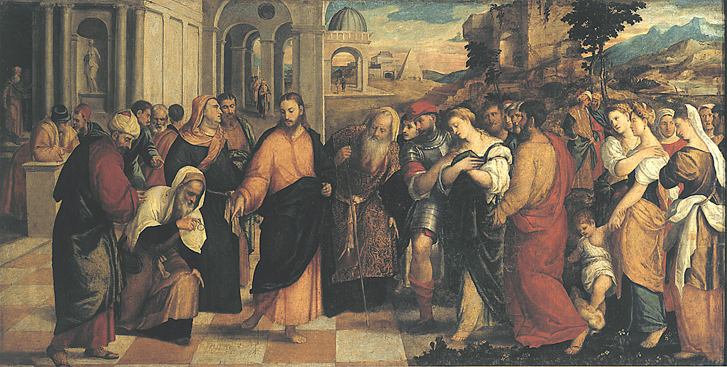 Cristo e l'adultera, Cristo e l'adultera (dipinto, opera isolata) di De Pitati Bonifacio detto Bonifacio Veronese (sec. XVI, sec. XVI)