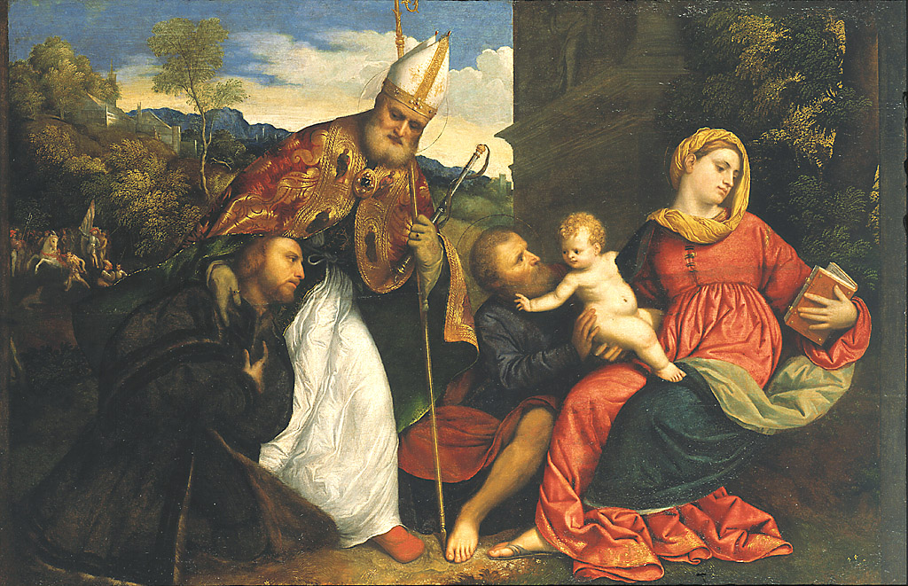 Sacra Famiglia e sant'Ambrogio che presenta un offerente, Sacra Famiglia con Sant'ambrogio e figura maschile inginocchiata (dipinto, opera isolata) di Bordone Paris (sec. XVI)