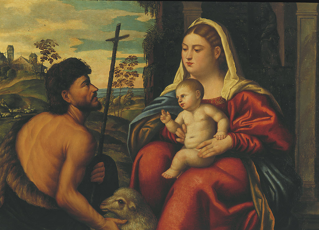 Madonna col Bambino e San Giovanni Battista, Madonna con Bambino e San Giovanni Battista (dipinto, opera isolata) di Licinio Bernardino (bottega) (sec. XVI)