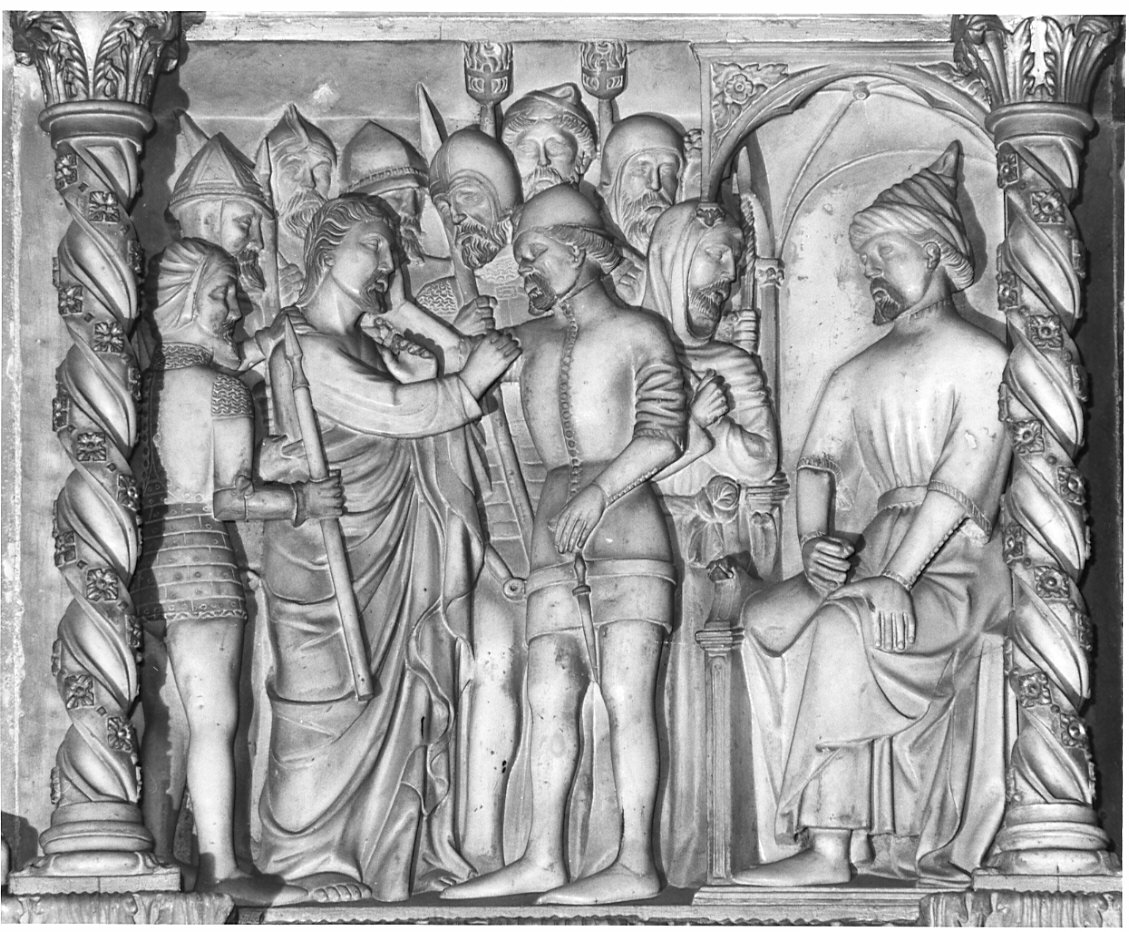 ancona della Passione, Cristo davanti a Caifa (rilievo, elemento d'insieme) - bottega lombarda (fine sec. XIV)