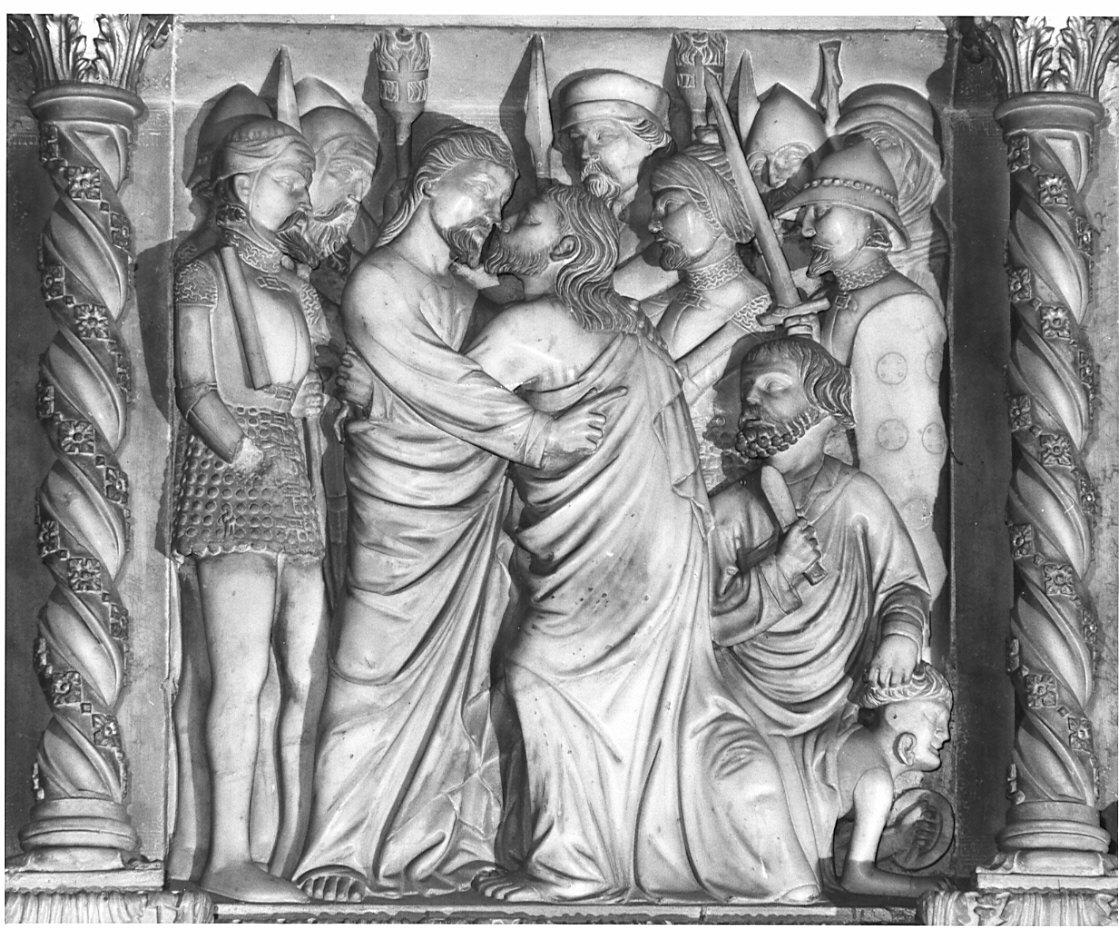 ancona della Passione, bacio di Giuda (scultura, elemento d'insieme) - bottega lombarda (fine sec. XIV)
