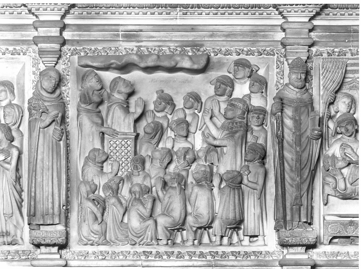 San Pietro Martire invoca una nuvola che ripari la folla dal sole (rilievo, elemento d'insieme) di Balducci Giovanni (e aiuti) (sec. XIV)