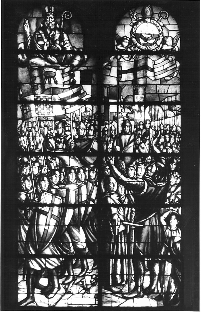 Alberto da Giussano che chiama il popolo a raccolta (vetrata, opera isolata) di Carpi De Resmini Aldo (attribuito), Tevarotto Angelo (attribuito) (sec. XX)