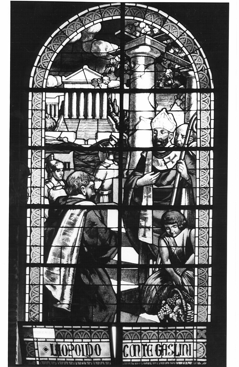 L'incontro di San Simpliciano con Sant'Ambrogio (vetrata, opera isolata) di Raimondi Aldo (attribuito), Ditta Forni (attribuito) (sec. XX)