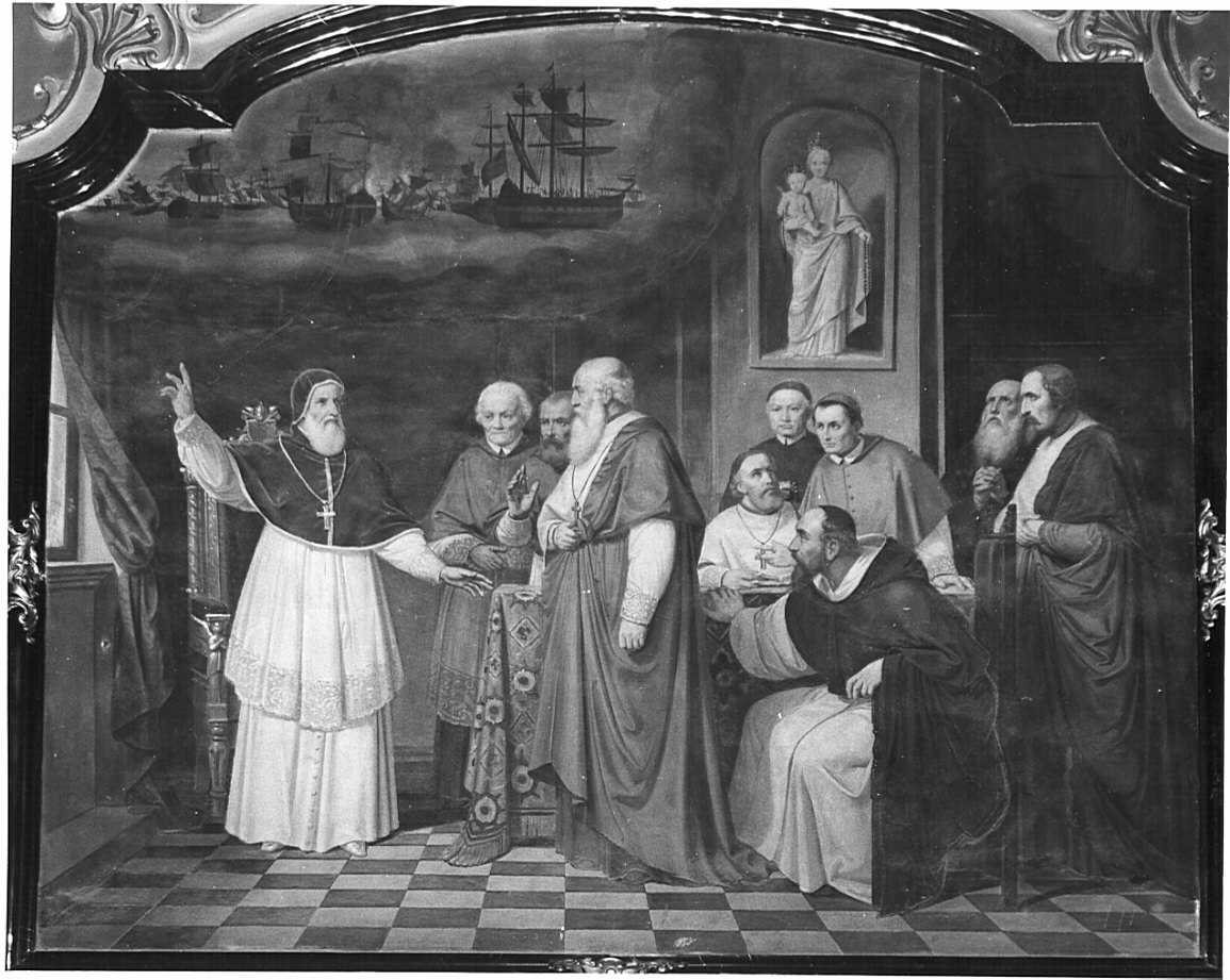 San Pio V annuncia ai Cardinali la vittoria di Lepanto avuta in visione (dipinto, opera isolata) di Francioli Enrico (attribuito) (sec. XIX)