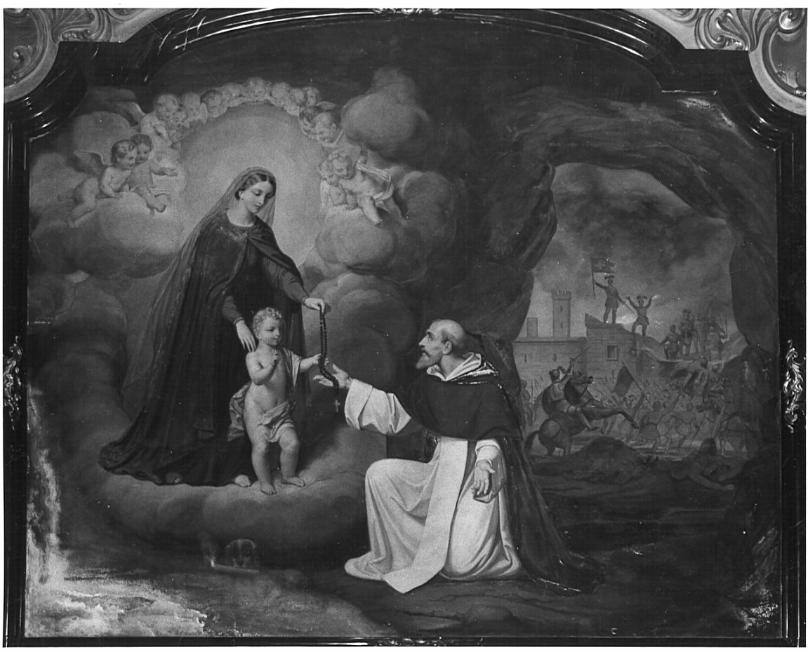 San Domenico riceve il rosario da Cristo bambino e dalla Madonna del Rosario (dipinto, pendant) di Francioli Enrico (attribuito) (sec. XIX)