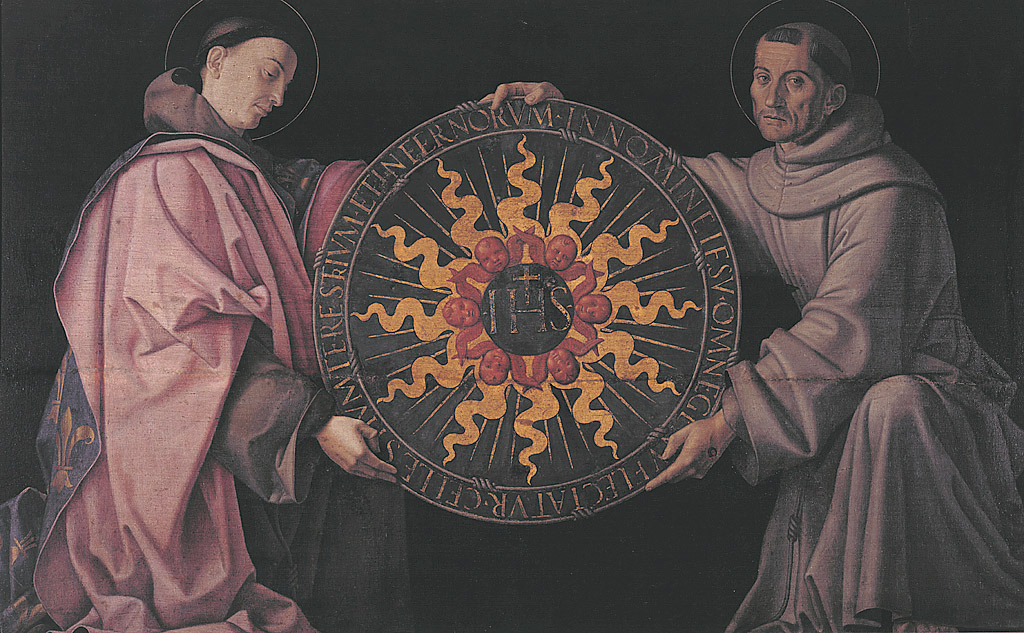 San Ludovico e San Francesco reggono il monogramma di Cristo, San Ludovico e San Francesco con il monogramma cristologico (dipinto, opera isolata) di Bonsignori Francesco (sec. XVI)