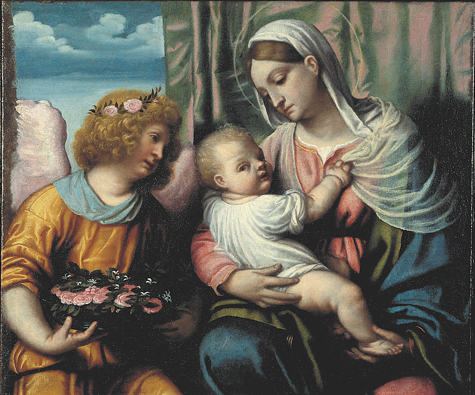 Madonna col Bambino e un angelo, Madonna con bambino e angelo reggicorona (dipinto, opera isolata) di Bonvicino Alessandro detto Moretto (sec. XVI)