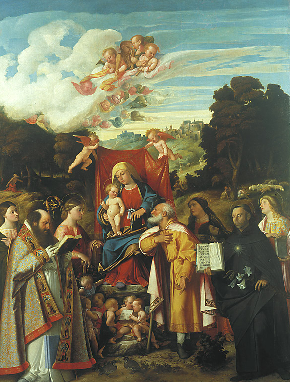 Madonna in trono ed Angeli, tra i Santi Apollonia, Agostino, Caterina, Giuseppe, Grata, Filippo Benizzi e Barbara (o Adleida), Madonna con Bambino in trono e con angeli musicanti e con Santa Apollonia, Sant'Agostino, Santa Caterina, San Giuseppe, Santa Grata, San Filippo Benizzi e Santa Barbara (dipinto, opera isolata) di Busi Giovanni detto Cariani (sec. XVI)