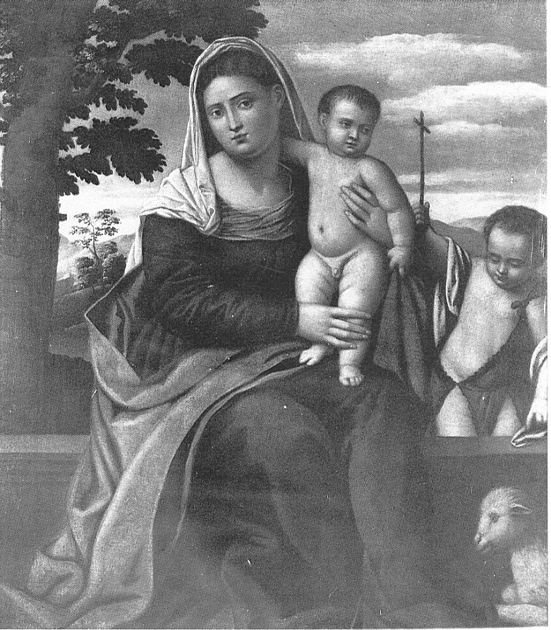 Madonna col Bambino e San Giovannino, Madonna con Bambino e San Giovannino (dipinto, opera isolata) di Licinio Bernardino (bottega) (sec. XVI)