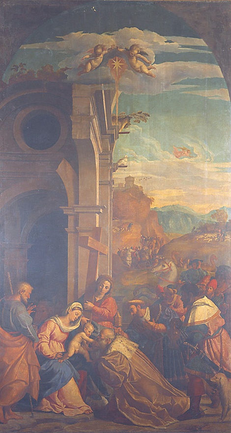 Adorazione dei Magi, in presenza di Sant'Elena, adorazione dei Re Magi con Sant'Elena (dipinto, opera isolata) di Negretti Jacopo detto Palma il Vecchio (sec. XVI)