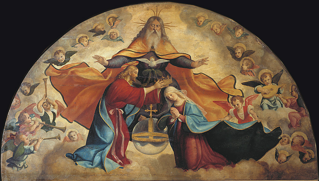 Incoronazione di Maria, incoronazione di Maria Vergine (lunetta, frammento) di Previtali Andrea detto Cordeliaghi (sec. XVI)