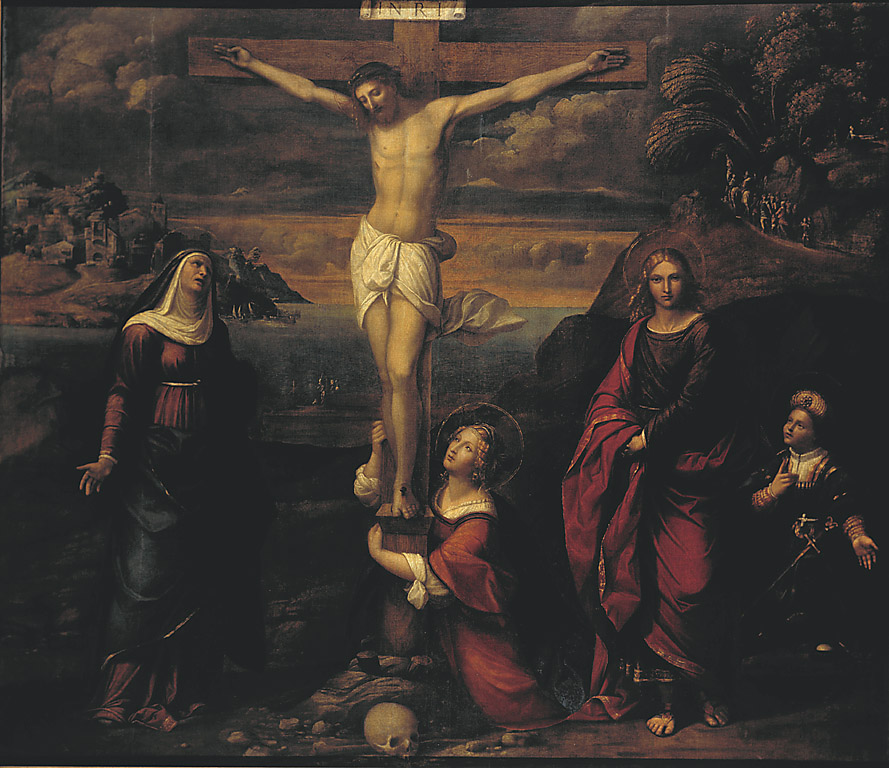 Cristo crocifisso, la Vergine, la Maddalena, e i Santi Giovanni Evangelista e Vito, Crocifissione di Cristo con la Madonna, Santa Maria Maddalena, San Giovanni Evangelista e San Vito (dipinto, opera isolata) di Tisi Benvenuto detto Garofalo (sec. XVI)