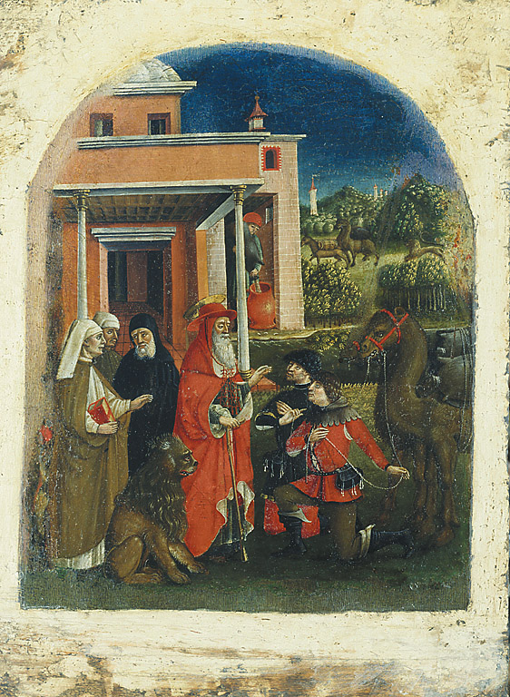 I mercanti che avevano rubato l'asino chiedono perdono al santo, San Girolamo fustigato dagli angeli in sogno (dipinto, serie) di Maestro dei Gesuati (sec. XV)