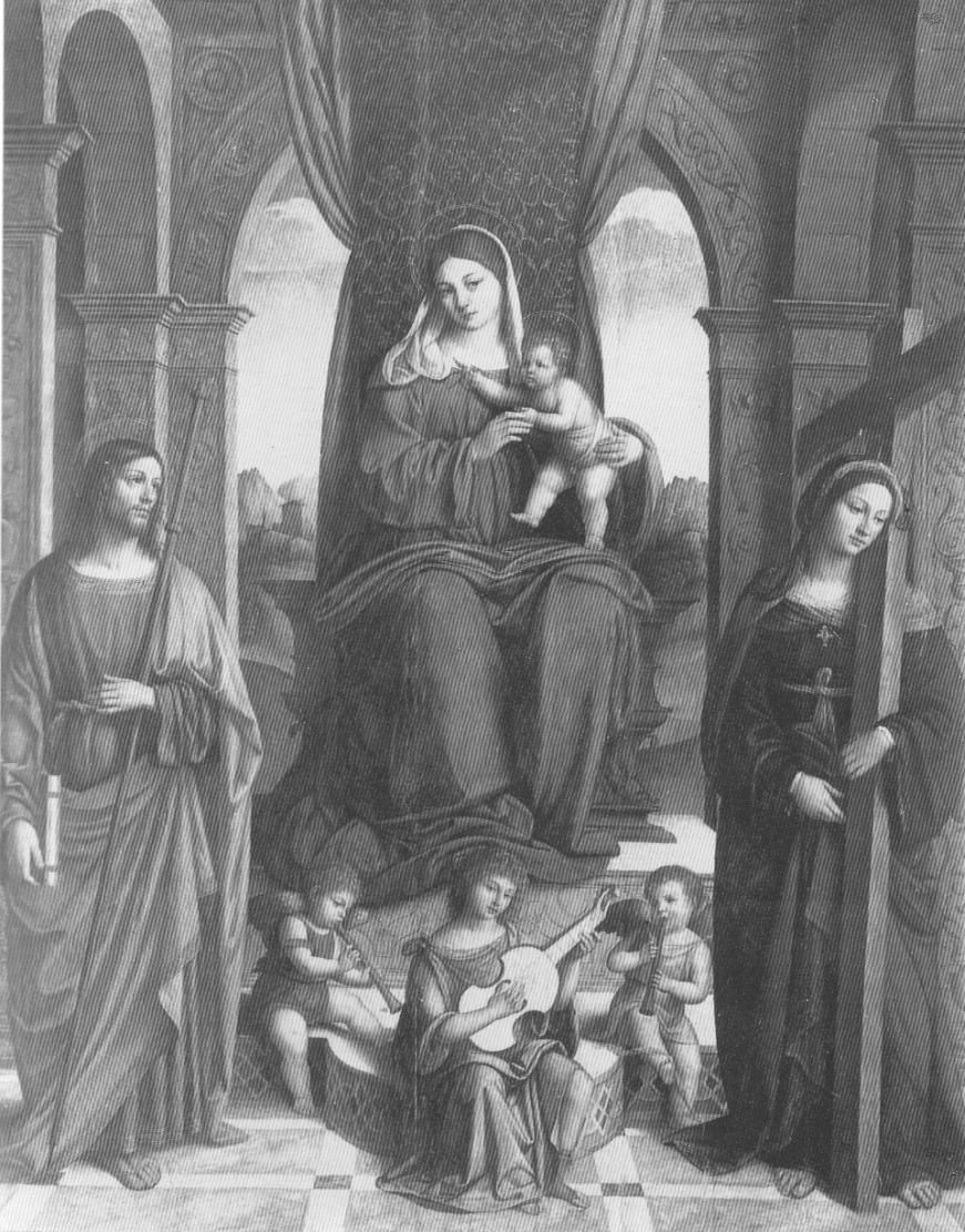 Madonna con il Bambino e i Santi Giacomo di Galizia ed Elena, Madonna con Bambino, San Giacomo di Galizia e Sant'Elena (dipinto, opera isolata) di Pisano Niccolò detto Abbruggia (sec. XVI)