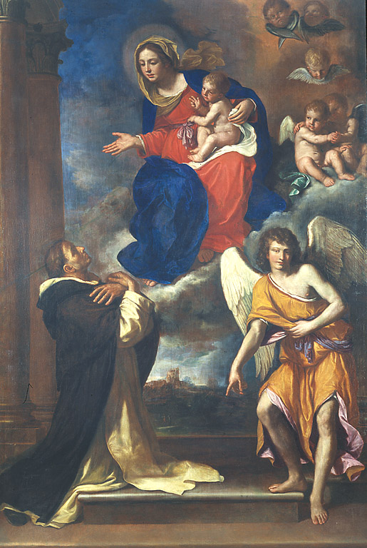 La Vergine, il beato Marcolino di Forlì e un angelo custode, Madonna con Bambino, il beato Marcolino da Forlì e l'angelo custode (dipinto, opera isolata) di Barbieri Giovan Francesco detto Guercino (sec. XVII)