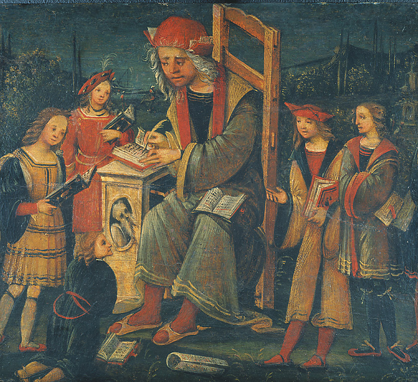 Un maestro in cattedra con i suoi scolari, Maestro di scuola (dipinto, opera isolata) di Aspertini Amico (attribuito) (sec. XVI)