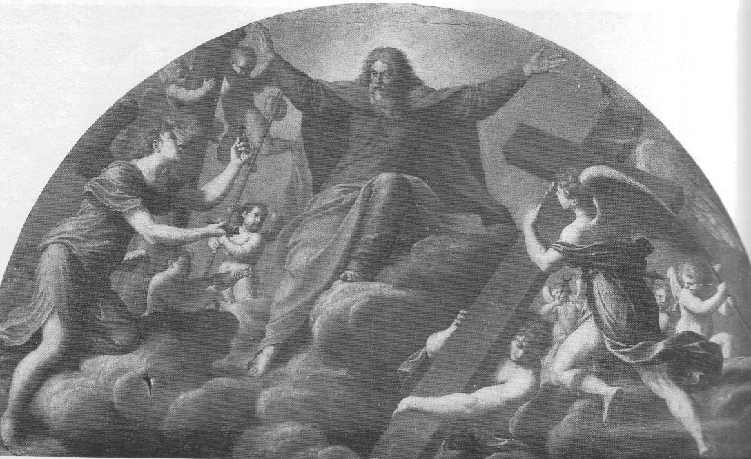 Padre Eterno e angeli con i simboli della Passione, Dio Padre tra angeli con i simboli della Passione (dipinto, opera isolata) di Massari Lucio (sec. XVII)