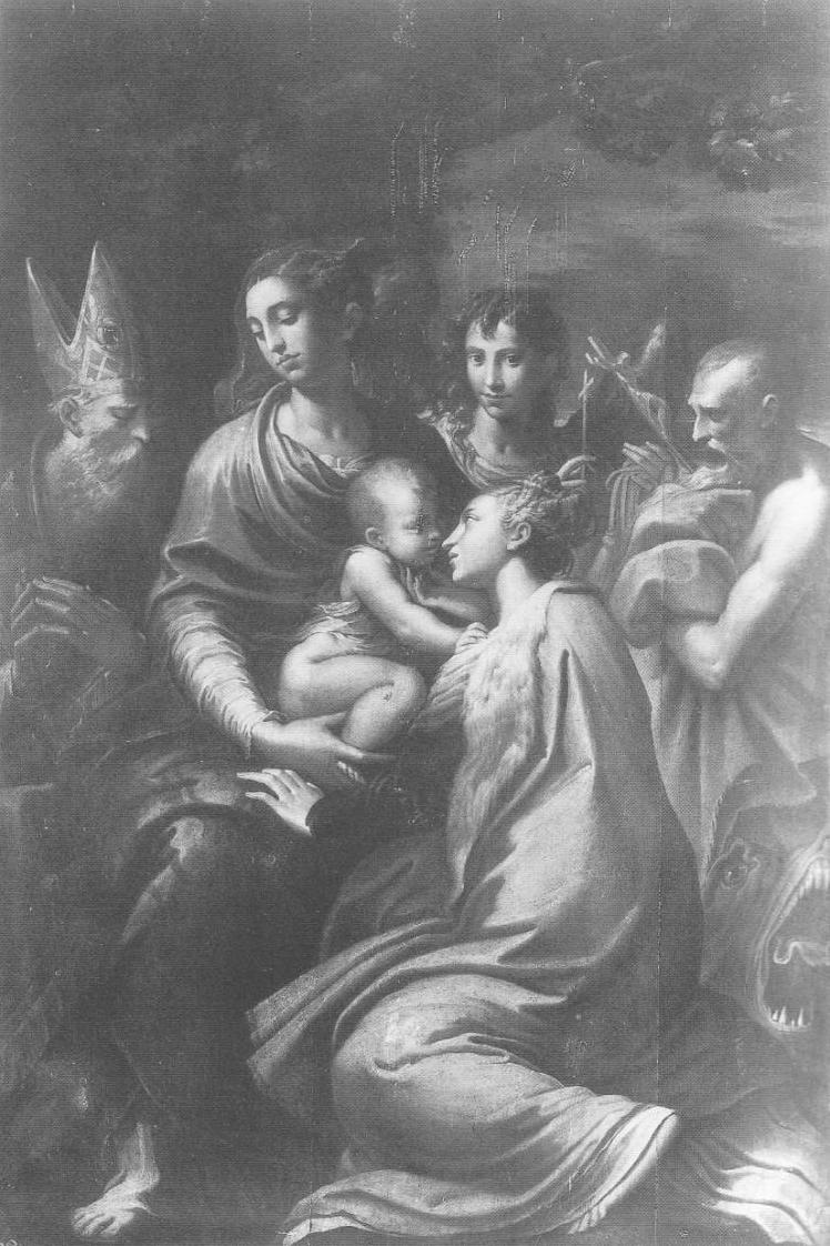 Madonna con il Bambino fra i Santi Agostino, Girolamo, Margherita e un angelo, Madonna con Bambino tra San Agostino, San Girolamo, Santa Margherita e unangelo (dipinto, opera isolata) di Sabatini Lorenzo detto Lorenzino da Bologna (sec. XVI)